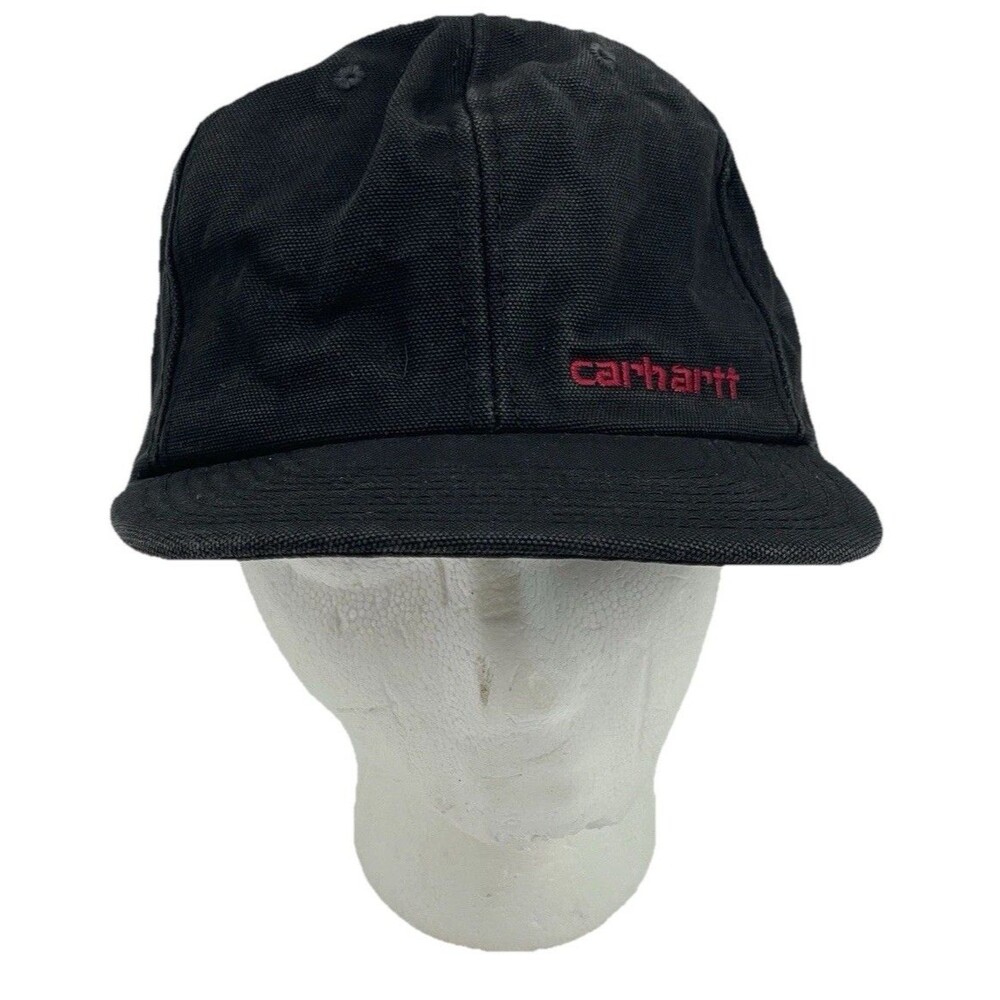 Vintage Carhartt Canvas Snapback Hat Cap Black Duck Red Logo USA Workwear